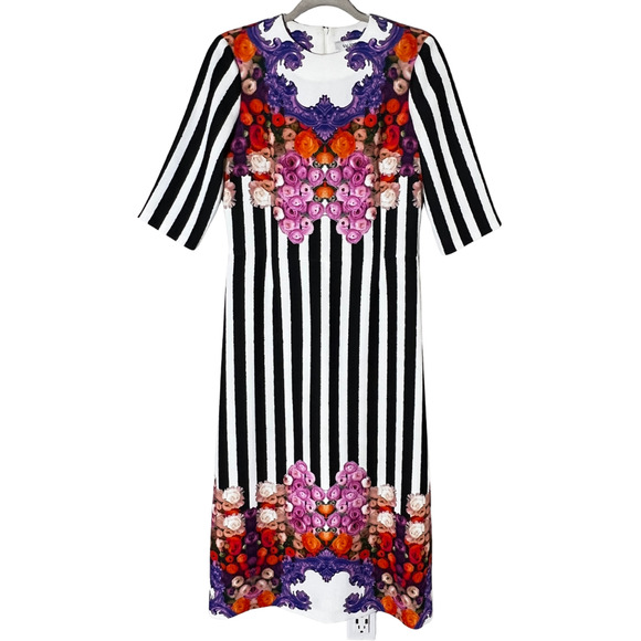 Valentino Midi Sheath Dress Medium Multicolor Floral Striped Short Sleeve Luxury - Picture 1 of 12